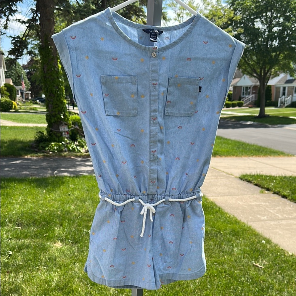 Nautica Blue Denim Romper with Colorful Sun/Rainbow Accents